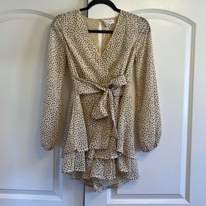 Japna romper. Vneck with front tie. Beige base with brown polka dots. Size S